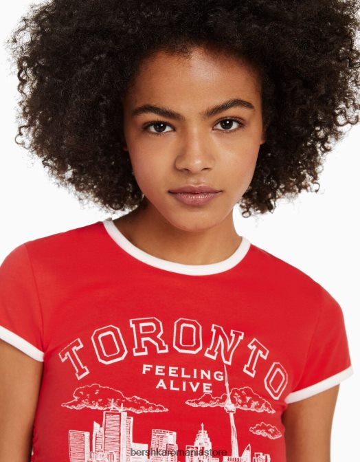 Bershka unisex tricou cu mânecă scurtă cu nervuri imprimat roșu Z86D3811 îmbrăcăminte