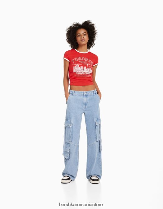 Bershka unisex tricou cu mânecă scurtă cu nervuri imprimat roșu Z86D3811 îmbrăcăminte