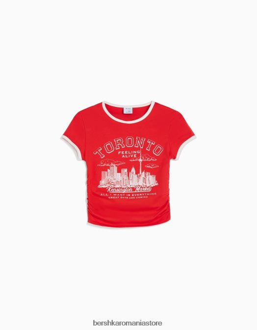 Bershka unisex tricou cu mânecă scurtă cu nervuri imprimat roșu Z86D3811 îmbrăcăminte