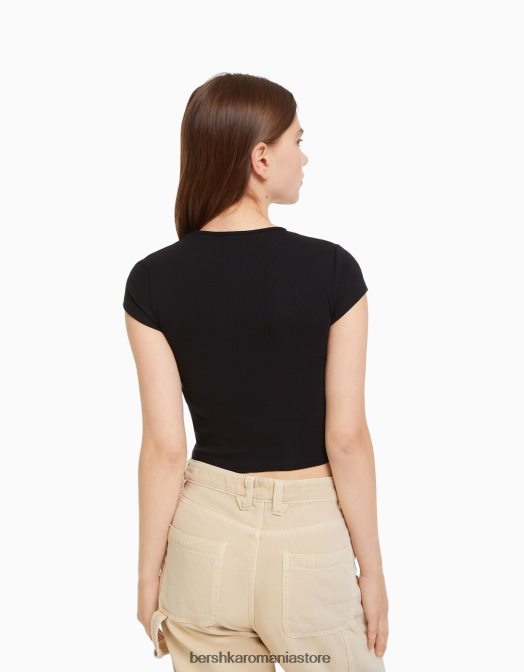 Bershka unisex tricou cu mânecă scurtă cu nervuri negru Z86D3722 îmbrăcăminte