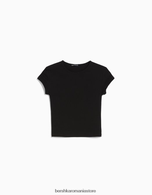 Bershka unisex tricou cu mânecă scurtă cu nervuri negru Z86D3722 îmbrăcăminte