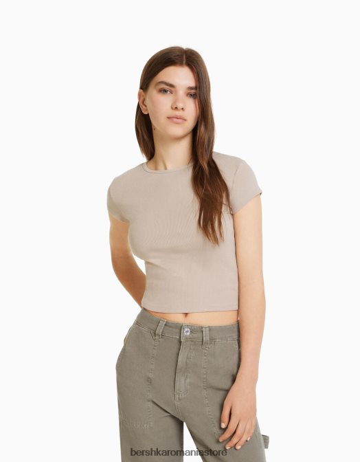 Bershka unisex tricou cu mânecă scurtă cu nervuri nisip Z86D3718 îmbrăcăminte