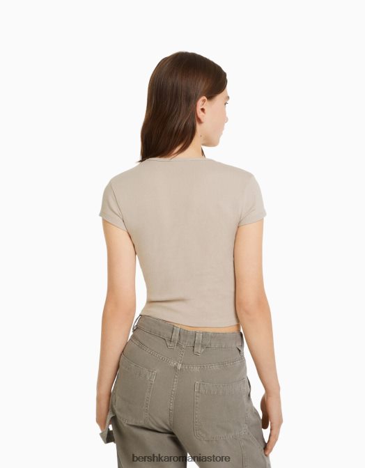 Bershka unisex tricou cu mânecă scurtă cu nervuri nisip Z86D3718 îmbrăcăminte