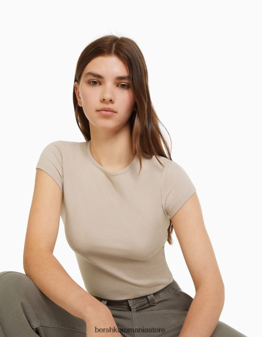 Bershka unisex tricou cu mânecă scurtă cu nervuri nisip Z86D3718 îmbrăcăminte