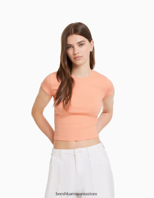 Bershka unisex tricou cu mânecă scurtă cu nervuri portocale Z86D3747 îmbrăcăminte