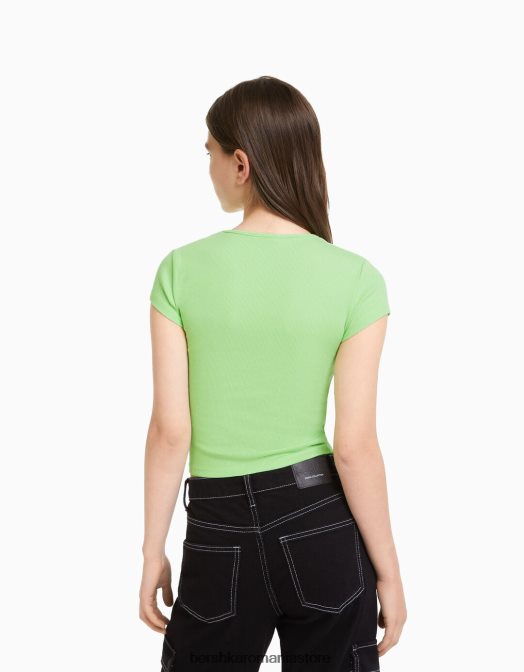 Bershka unisex tricou cu mânecă scurtă cu nervuri verde Z86D3745 îmbrăcăminte