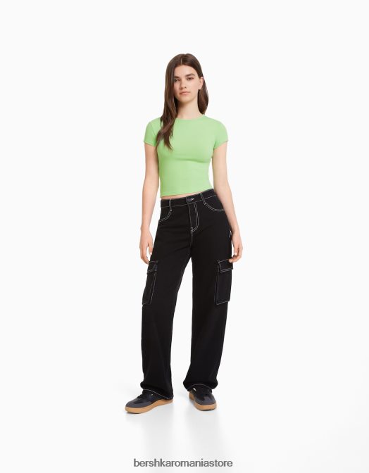 Bershka unisex tricou cu mânecă scurtă cu nervuri verde Z86D3745 îmbrăcăminte