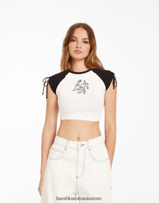 Bershka unisex tricou cu mânecă scurtă imprimat cu aplecare alb negru Z86D3797 îmbrăcăminte