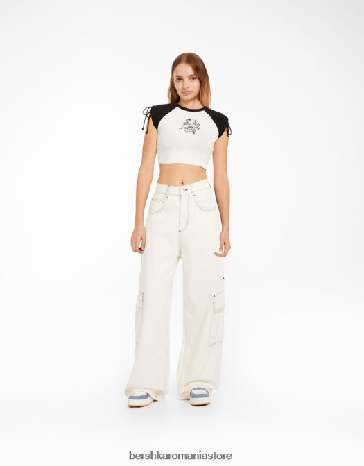 Bershka unisex tricou cu mânecă scurtă imprimat cu aplecare alb negru Z86D3797 îmbrăcăminte