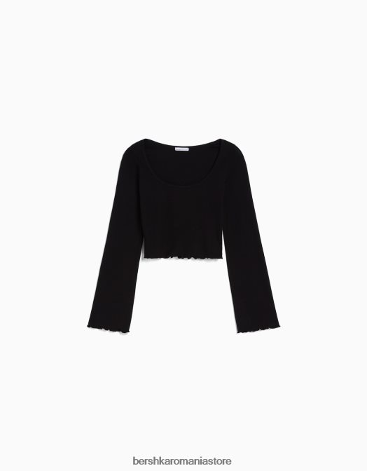 Bershka unisex tricou cu maneca lunga si decolteu negru Z86D3817 îmbrăcăminte