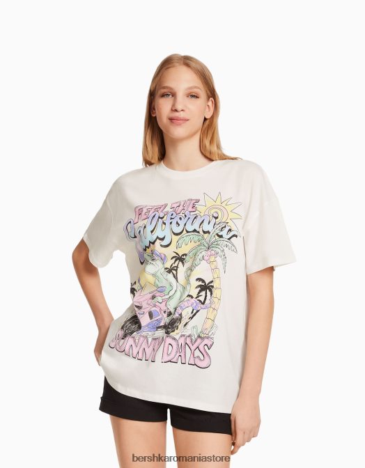 Bershka unisex tricou cu maneca scurta cu imprimeu alb Z86D3786 îmbrăcăminte