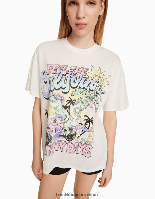 Bershka unisex tricou cu maneca scurta cu imprimeu alb Z86D3786 îmbrăcăminte