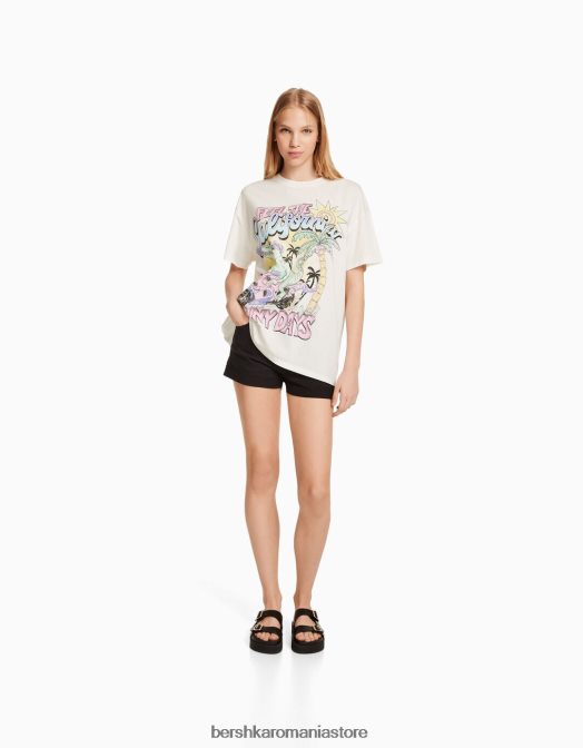 Bershka unisex tricou cu maneca scurta cu imprimeu alb Z86D3786 îmbrăcăminte