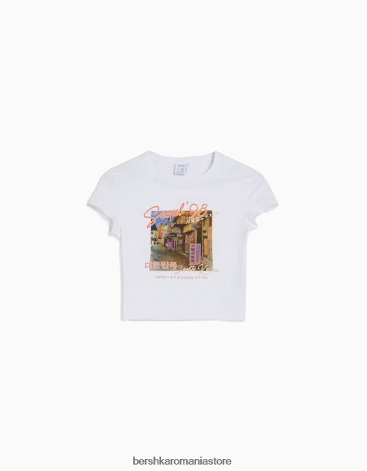 Bershka unisex tricou cu maneca scurta cu imprimeu aproape alb Z86D3742 îmbrăcăminte