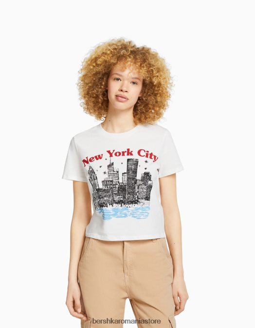Bershka unisex tricou cu maneca scurta cu imprimeu cremă Z86D3743 îmbrăcăminte