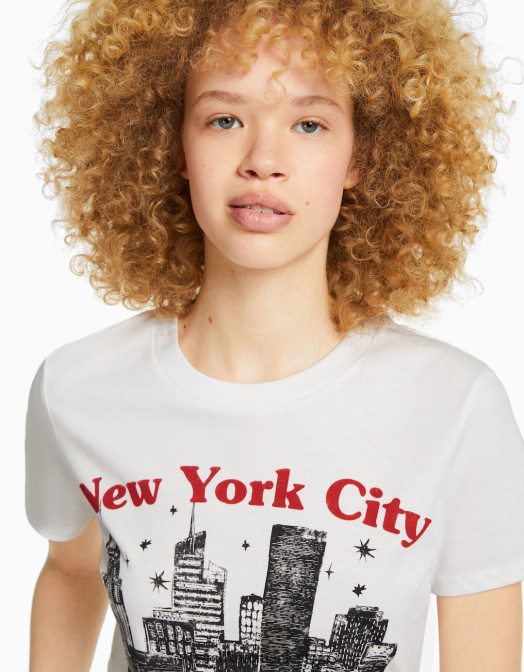 Bershka unisex tricou cu maneca scurta cu imprimeu cremă Z86D3743 îmbrăcăminte