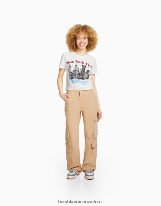 Bershka unisex tricou cu maneca scurta cu imprimeu cremă Z86D3743 îmbrăcăminte