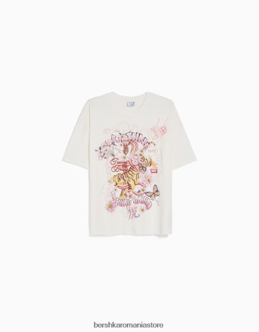 Bershka unisex tricou cu maneca scurta cu imprimeu cremă Z86D3798 îmbrăcăminte