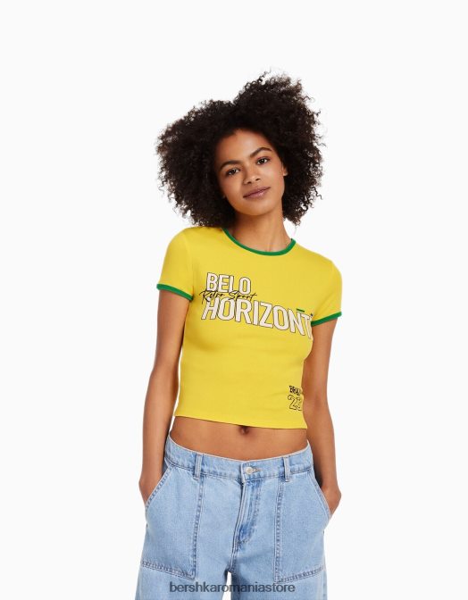 Bershka unisex tricou cu maneca scurta cu imprimeu galben Z86D3732 îmbrăcăminte