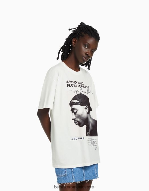 Bershka unisex tricou cu maneca scurta cu imprimeu tupac aproape alb Z86D3767 îmbrăcăminte
