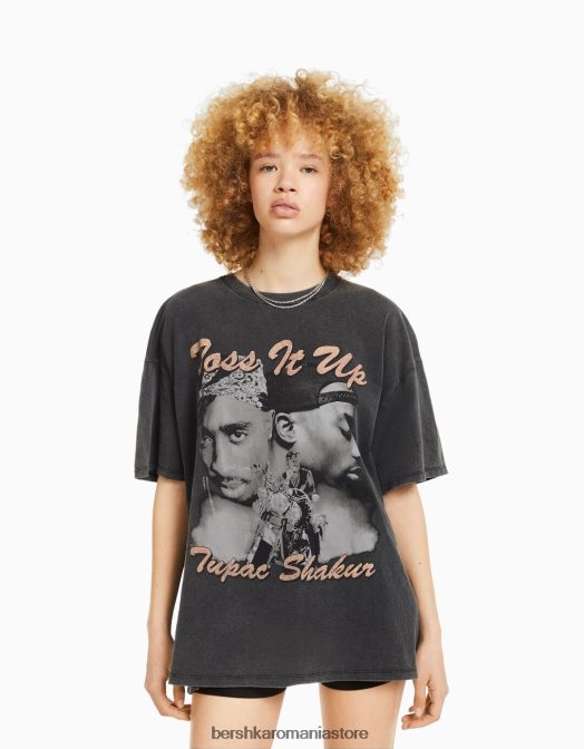 Bershka unisex tricou cu maneca scurta cu imprimeu tupac gri Z86D3766 îmbrăcăminte