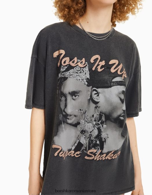 Bershka unisex tricou cu maneca scurta cu imprimeu tupac gri Z86D3766 îmbrăcăminte