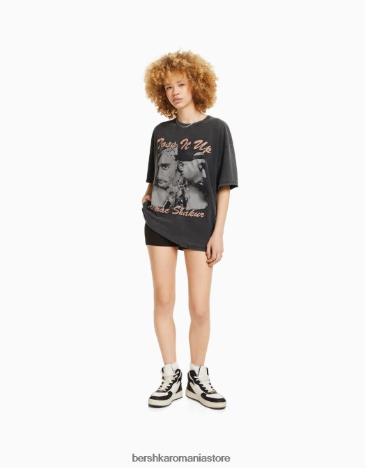 Bershka unisex tricou cu maneca scurta cu imprimeu tupac gri Z86D3766 îmbrăcăminte