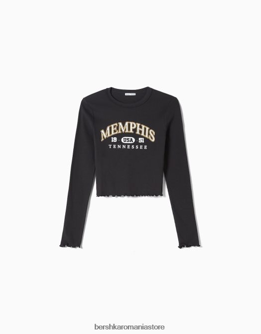 Bershka unisex tricou decupat cu maneca lunga cu imprimeu albastru inchis Z86D3835 îmbrăcăminte