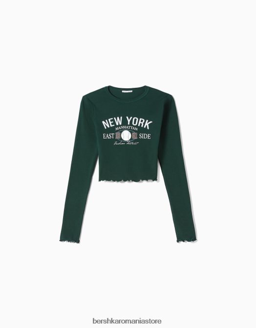 Bershka unisex tricou decupat cu maneca lunga cu imprimeu verde Z86D3833 îmbrăcăminte