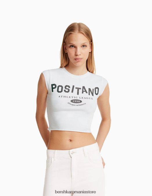 Bershka unisex tricou decupat cu maneca scurta cu imprimeu aproape alb Z86D3738 îmbrăcăminte