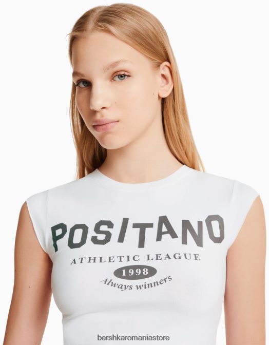 Bershka unisex tricou decupat cu maneca scurta cu imprimeu aproape alb Z86D3738 îmbrăcăminte