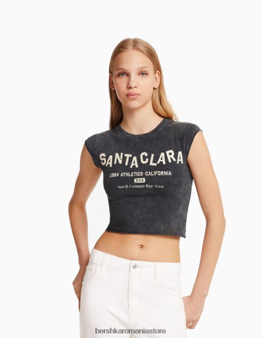 Bershka unisex tricou decupat cu maneca scurta cu imprimeu gri Z86D3740 îmbrăcăminte