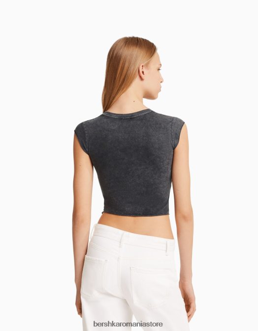 Bershka unisex tricou decupat cu maneca scurta cu imprimeu gri Z86D3740 îmbrăcăminte