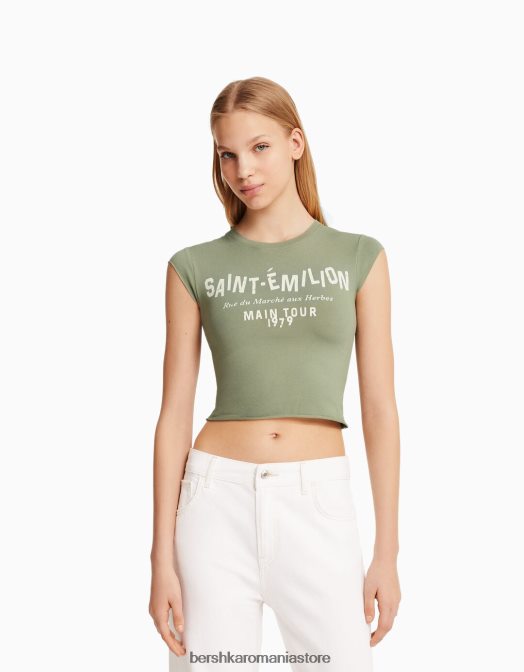 Bershka unisex tricou decupat cu maneca scurta cu imprimeu verde Z86D3741 îmbrăcăminte