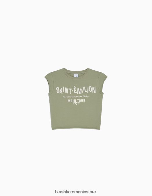 Bershka unisex tricou decupat cu maneca scurta cu imprimeu verde Z86D3741 îmbrăcăminte