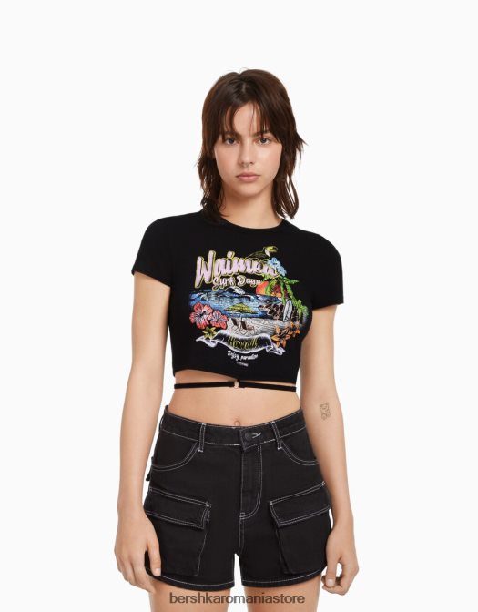 Bershka unisex tricou imprimat cu maneca scurta cu inel si cravata negru Z86D3728 îmbrăcăminte