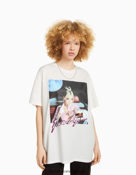 Bershka unisex tricou imprimeu dua lipa cu maneca scurta aproape alb Z86D3708 îmbrăcăminte