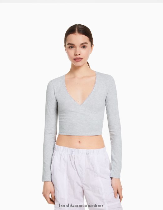 Bershka unisex tricou încrucișat cu mânecă lungă gri Z86D3754 îmbrăcăminte