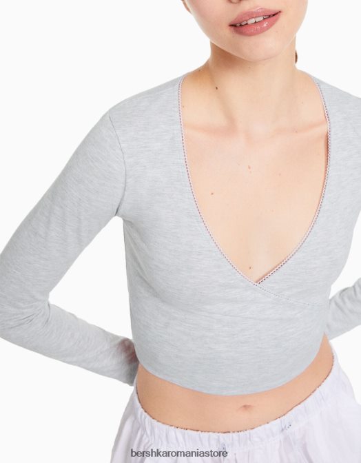 Bershka unisex tricou încrucișat cu mânecă lungă gri Z86D3754 îmbrăcăminte