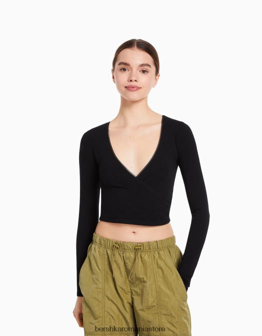 Bershka unisex tricou încrucișat cu mânecă lungă negru Z86D3755 îmbrăcăminte
