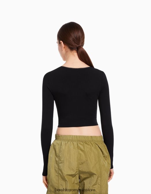 Bershka unisex tricou încrucișat cu mânecă lungă negru Z86D3755 îmbrăcăminte