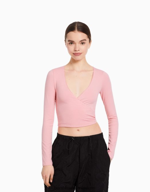 Bershka unisex tricou încrucișat cu mânecă lungă roz Z86D3753 îmbrăcăminte