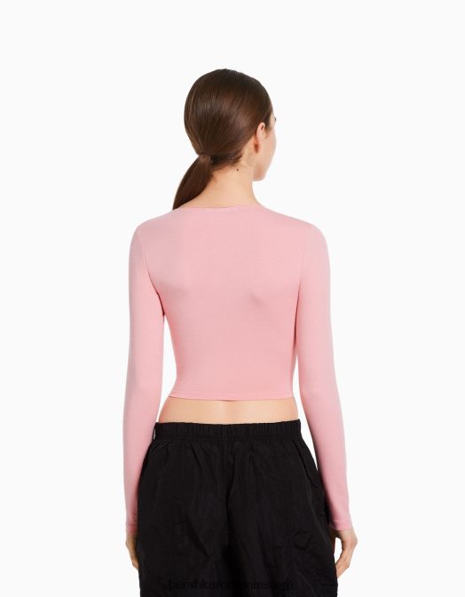 Bershka unisex tricou încrucișat cu mânecă lungă roz Z86D3753 îmbrăcăminte