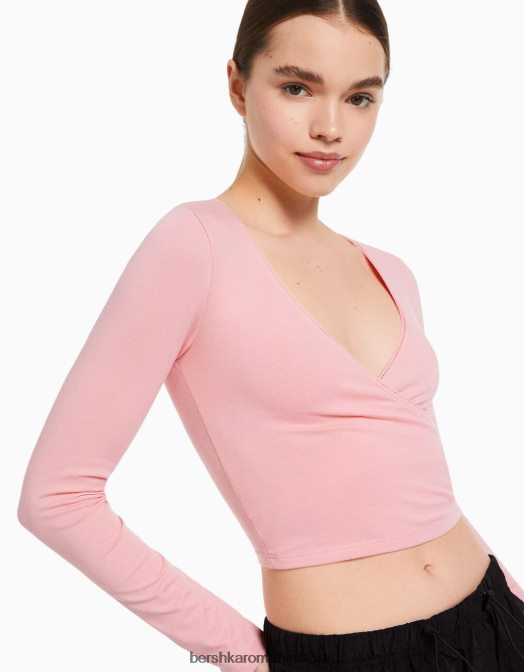 Bershka unisex tricou încrucișat cu mânecă lungă roz Z86D3753 îmbrăcăminte