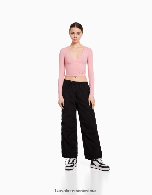 Bershka unisex tricou încrucișat cu mânecă lungă roz Z86D3753 îmbrăcăminte