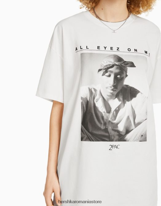Bershka unisex tricou tupac cu mânecă scurtă, cu croială normală aproape alb Z86D3707 îmbrăcăminte