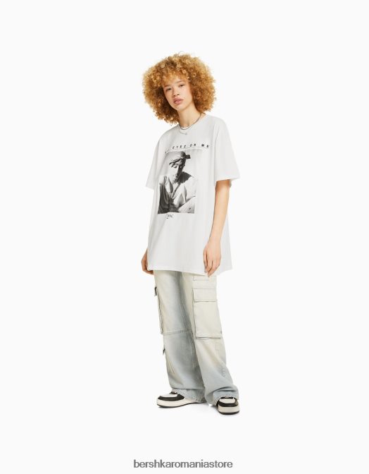 Bershka unisex tricou tupac cu mânecă scurtă, cu croială normală aproape alb Z86D3707 îmbrăcăminte