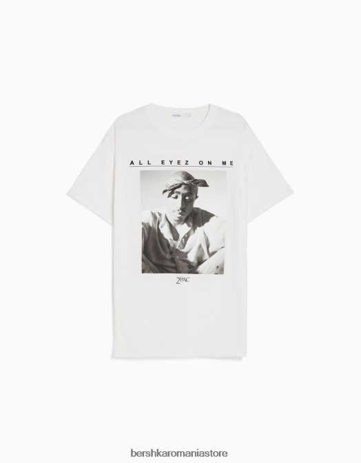 Bershka unisex tricou tupac cu mânecă scurtă, cu croială normală aproape alb Z86D3707 îmbrăcăminte