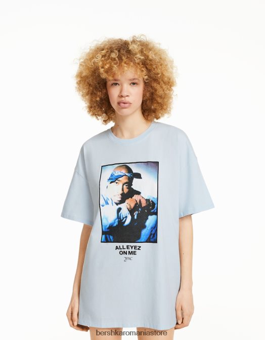 Bershka unisex tricou tupac cu maneca scurta albastru deschis Z86D3709 îmbrăcăminte