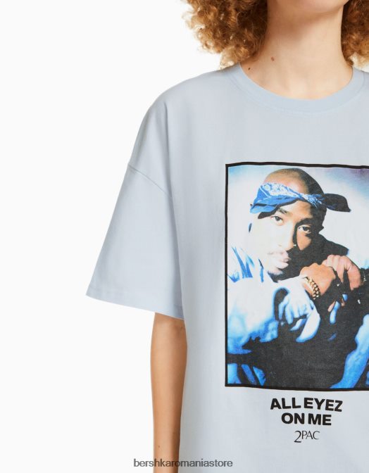 Bershka unisex tricou tupac cu maneca scurta albastru deschis Z86D3709 îmbrăcăminte